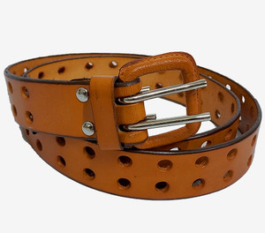 Tan Leather Double Buckle Perforated Belt
