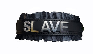 "Slave" Leather Bondage Choker with Lace