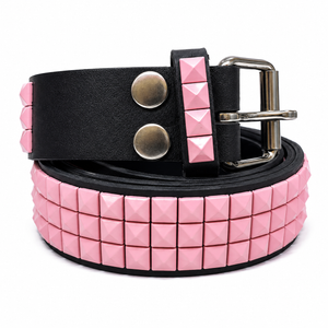 Black Leather Triple Row Pink Studded Belt