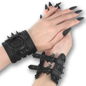 Black Faux Leather Spiked Wrist Cuffs