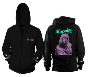 "Happier" Zippered Hooded Sweatshirt w/ Embroidery