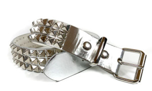 Silver Patent 3 Row Pyramid Studded Belt