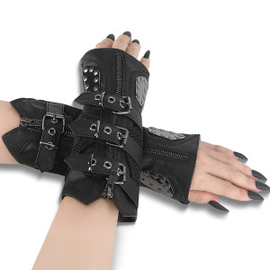Black Faux Leather Studed Metal Plates & Straps Arm Warmers
