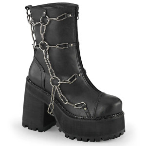 Metal Cage Chain Cleated Black Platform Ankle Boots - ASSAULT-66