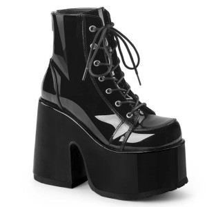  Black Patent Leather Lace-Up Platform Ankle Boots - Camel-203