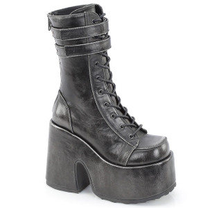 Black-Silver Rub-Off Vegan Goth Lace-Up Platform Mid-Calf Boots - Camel-250
