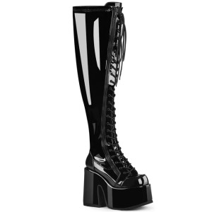Black Patent Platform Lace-Up Wide Calf high-High Boots - CAMEL-300