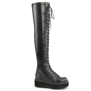 Black Vegan Zipper Thigh-High Lace-Up Platform Boots - Emily-375