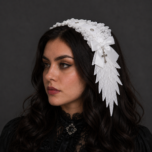 White Gothic Lolita Lace Headband w/ Angel Wings & Cross Charm