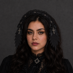 Black Gothic Lolita Lace Headband w/ Angel Wings and Cross Charm
