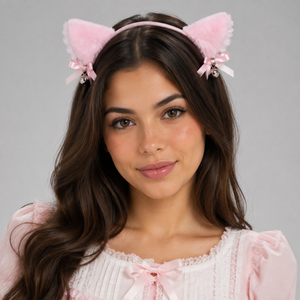 Cute Pink Plush Cat Ear Headband w/ Pink Satin Bows