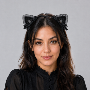 Black Gothic Lace Cat Ear Headband w/ Satin Ribbon Bows