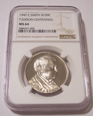 1947 C Smith So-Called 50 Cents Medal Thomas Edison Centennial MS64 NGC