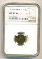 Sweden Oscar I 1857 1/2 Ore MS63 BN NGC