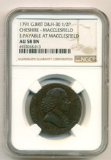 Great Britain 1791 1/2 Penny Conder Token Cheshire - Macclesfield D&H-30 AU58 BN NGC