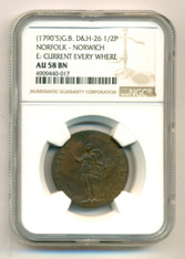 Great Britain 1790's 1/2 Penny Conder Token Norfolk - Norwich D&H-26 AU58 BN NGC