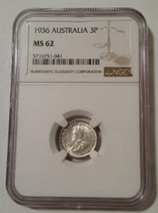 Australia George V 1936 Silver 3 Pence MS62 NGC