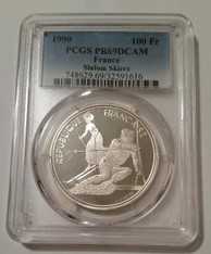 France 1990 Silver 100 Francs Olympic Slalom Skiers Proof PR69 DCAM PCGS