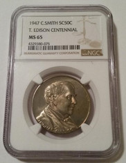 1947 C Smith So-Called 50 Cents Medal Thomas Edison Centennial MS65 NGC Toning