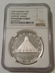 Uganda 1969 Silver 10 Shillings Pope Paul VI Visit Proof PF64 UC NGC Low Mintage