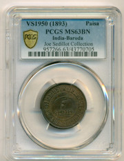 India -Princely States- Baroda 1893 Paisa MS63 BN PCGS