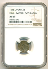 Livonia (Latvia) Swedish Occupation 1648 Silver Solidus Riga Mint AU55 NGC