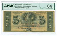 New Orleans LA Citizens' Bank 1850s-60s 5 Dollar Note Remainder Ch Unc 64 PMG