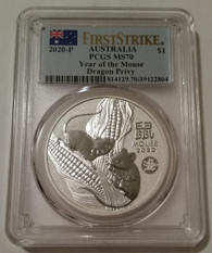 Australia 2020 P 1 oz Silver Dollar Year of the Mouse Dragon Privy MS70 PCGS First Strike