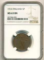 Finland (Under Russia) Nicholas II 1914 5 Pennia MS63 BN NGC