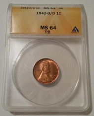 1942 D/D Lincoln Wheat Cent MS64 RB ANACS