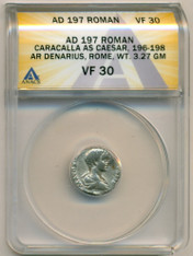 Roman Empire Caracalla AD 197 As Caesar AR Denarius Rome Mint VF30 ANACS