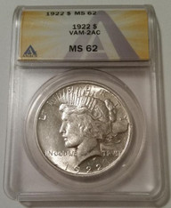1922 Peace Silver Dollar VAM-2AC R5 MS62 ANACS