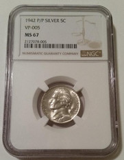 1942 P/P Jefferson Silver Nickel VP-005 MS67 NGC