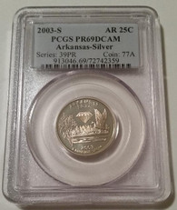 2003 S Silver Arkansas State Quarter Proof PR69 DCAM PCGS Light Toning Blue Label