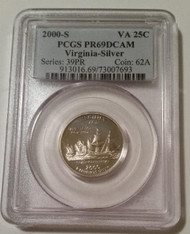 2000 S Silver Virginia State Quarter Proof PR69 DCAM PCGS Blue Label Toning