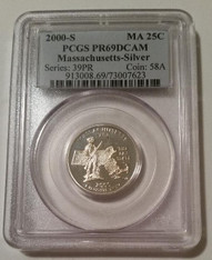 2000 S Silver Massachusetts State Quarter Proof PR69 DCAM PCGS Toning Blue Label