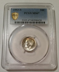 1953 S Roosevelt Dime MS67 PCGS Toning