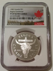 Canada 1982 Silver Dollar Regina Centennial Proof PF69 UC NGC Maple Leaf Label