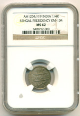 India Bengal Presidency Silver AH1204//19 (AD 1806) 1/4 Rupee KM-104 MS62 NGC