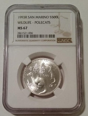 San Marino 1993 R Silver 500 Lire Wildlife - Polecats MS67 NGC