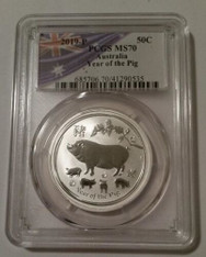 Australia 2019 P 1/2 oz Silver 50 Cents Year of the Pig MS70 PCGS Flag Label