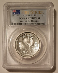 Australia 2017 P 1 oz Silver Dollar Year of the Rooster High Relief Proof PR70 DCAM PCGS FS Low Mintage