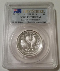 Australia 2017 P 1 oz Silver Dollar Year of the Rooster High Relief Proof PR70 DCAM PCGS FS Low Mintage