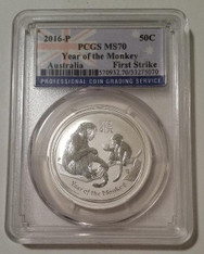 Australia 2016 P 1/2 oz Silver 50 Cents Year of the Monkey MS70 PCGS First Strike