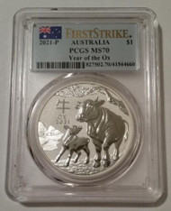 Australia 2021 P 1 oz Silver Dollar Year of the Ox MS70 PCGS First Strike Flag Label