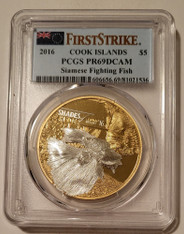 Cook Islands 2016 Silver $5 Siamese Fighting Fish Gilt Proof PR69 DCAM PCGS FS Low Mintage