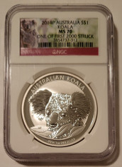 Australia 2014 P 1 oz Silver Dollar Koala MS70 NGC One of First 2000 Struck