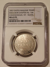1857-Dated Silver Masonic Penny Token Canandaigua NY Excelsior Ch No 164 MS63 PL NGC