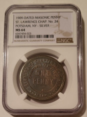 1909-Dated Silver Masonic Penny Token Potsdam NY St Lawrence Ch No 24 MS64 NGC Toned