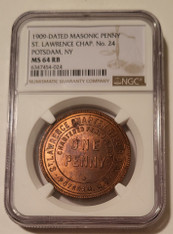 1909-Dated Masonic Penny Token Potsdam NY St Lawrence Ch No 24 MS64 RB NGC